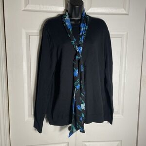 J Crew Sweater Womens 2X Black Cotton Blue Floral Scarf Tie Neck Knit Pullover